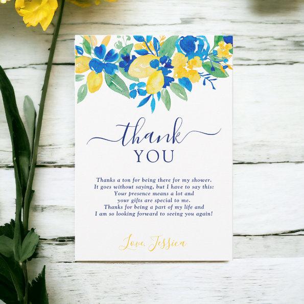 Blue yellow lemons floral watercolor bridal shower thank you Invitations