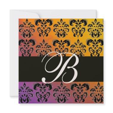 BLUE YELLOW PURPLE BLACK DAMASK MONOGRAM ,Gold Invitations