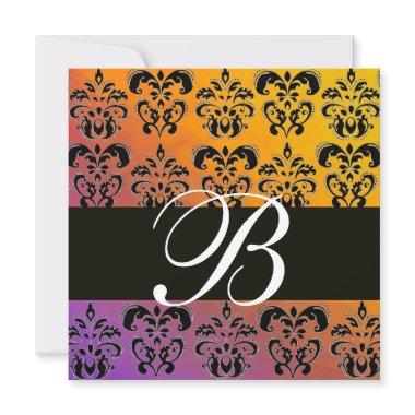 BLUE YELLOW PURPLE BLACK DAMASK MONOGRAM , white Invitations