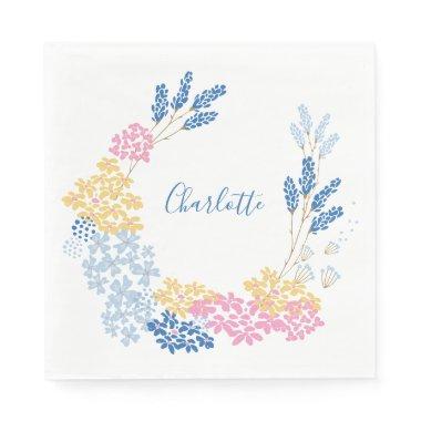 Blue Yellow Summer Flower Wreath Personalized Napkins