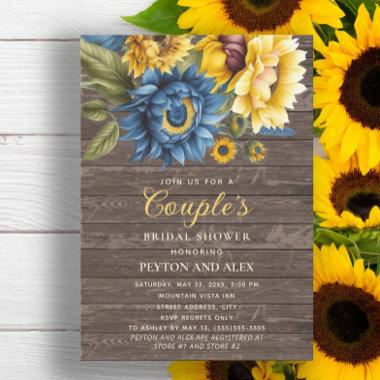 Blue Yellow Sunflowers Rustic Wood Couple's Bridal Invitations