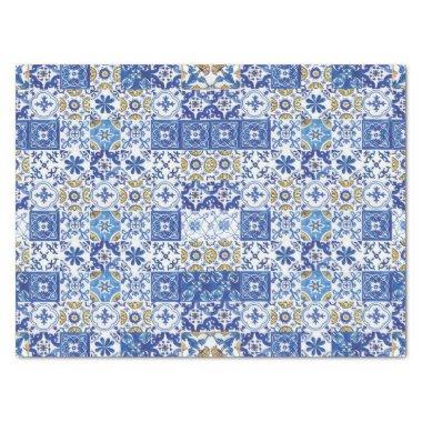 Blue Yellow White Meditteranean Mosaic Tiles Tissue Paper