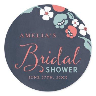 Bluish Chalkboard Floral Bridal Shower Classic Round Sticker