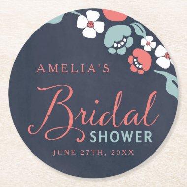 Bluish Chalkboard Floral Bridal Shower Round Round Paper Coaster