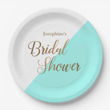 Bluish Green and Gold Bridal Shower Script Paper Plates