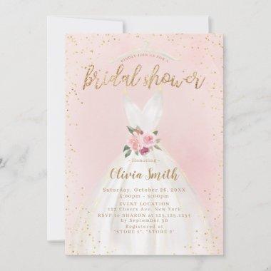 Blush And Gold Elegant Wedding Dress Bridal Shower Invitations