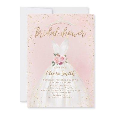 Blush And Gold Elegant Wedding Dress Bridal Shower Invitations