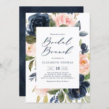 Blush and Navy Floral Frame Fall Bridal Brunch Invitations