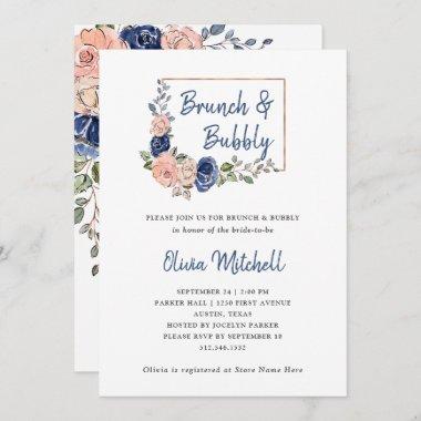 Blush and Navy Floral Geometric Brunch and Bubbly Invitations
