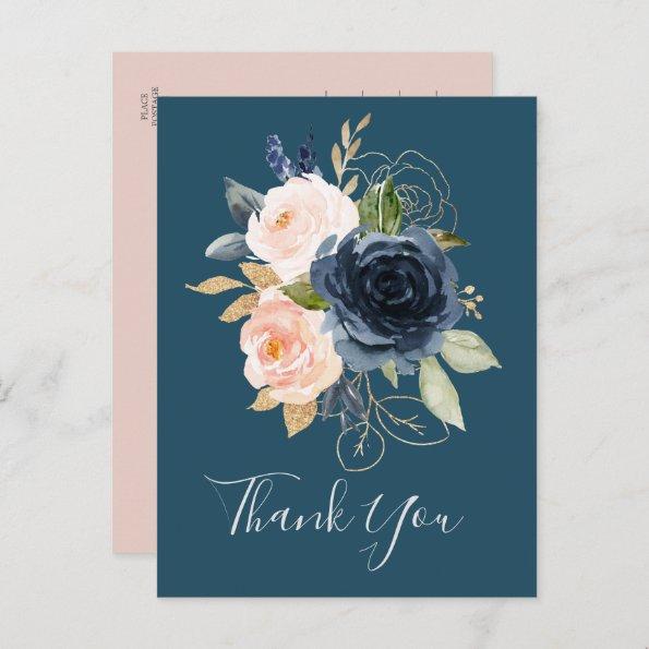 Blush and Navy Flowers | Blue Thank You PostInvitations