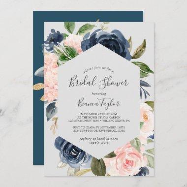 Blush and Navy Flowers | Light Grey Bridal Shower Invitations