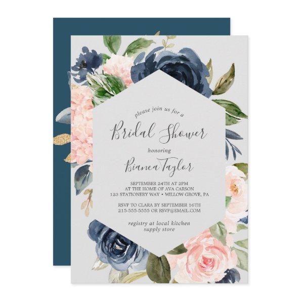 Blush and Navy Flowers | Light Grey Bridal Shower Invitations