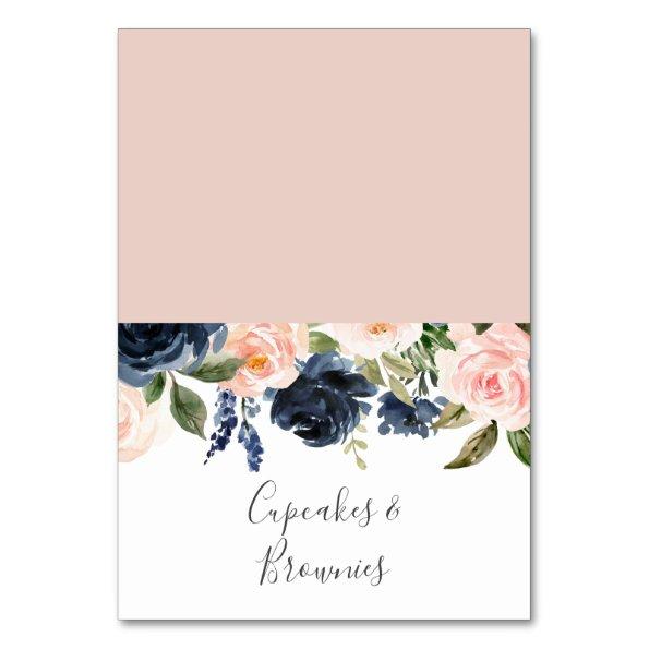 Blush and Navy Flowers | White Buffet Food Label Table Number