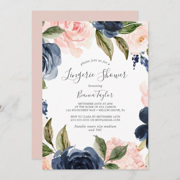 Blush and Navy Flowers | White Lingerie Shower Invitations