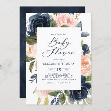 Blush and Navy Watercolor Floral Frame Baby Shower Invitations