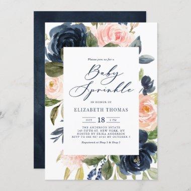 Blush and Navy Watercolor Flowers Baby Sprinkle Invitations