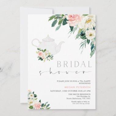 Blush And White Floral Tea Party Bridal Shower Invitations
