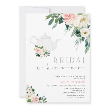 Blush And White Floral Tea Party Bridal Shower Invitations