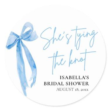 Blush Blue Bow She's Tying the Knot  Classic Round Sticker