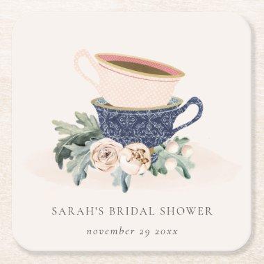 Blush Blue Cups Floral  Tea Party Square Paper Coaster