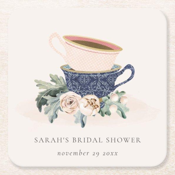 Blush Blue Cups Floral Bridal Shower Tea Party Square Paper Coaster