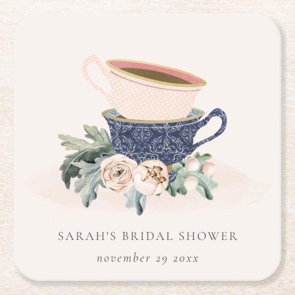Blush Blue Cups Floral  Tea Party Square Paper Coaster