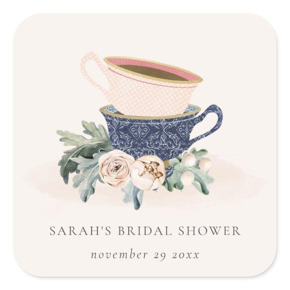 Blush Blue Cups Floral Bridal Shower Tea Party Square Sticker