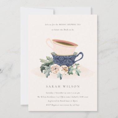 Blush Blue Floral Bridal Shower Tea Party Invite