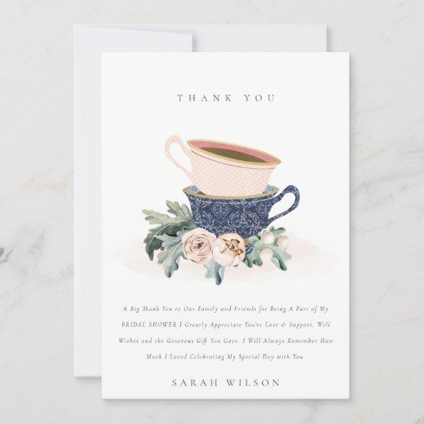Blush Blue Floral Stacked Tea Cups Bridal Shower Thank You Invitations