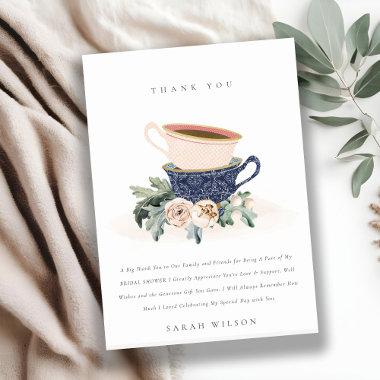 Blush Blue Floral Stacked Tea Cups Bridal Shower Thank You Invitations