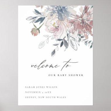 Blush Blue Watercolor Floral Baby Shower Welcome Poster