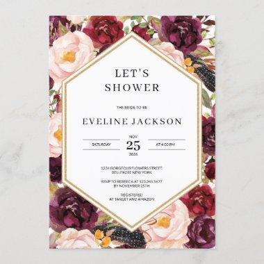 Blush Burgundy Floral Bridal Shower Invitations