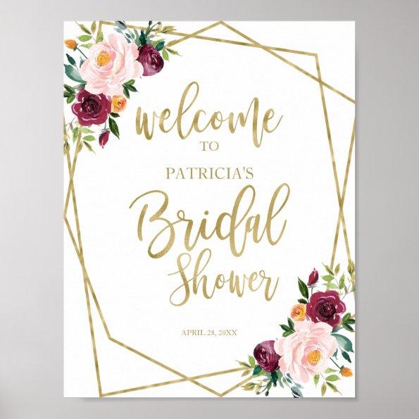 Blush Burgundy Floral Bridal Shower Welcome Poster