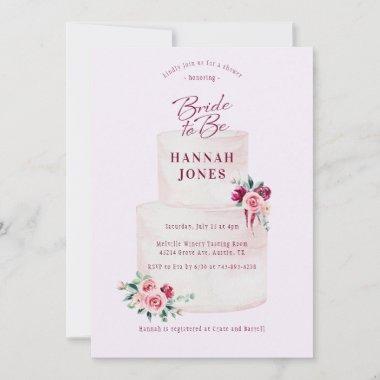 Blush Burgundy Floral Cake Bridal Shower Invitations