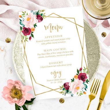 Blush Burgundy Floral Gold Bridal Shower Menu Invitations