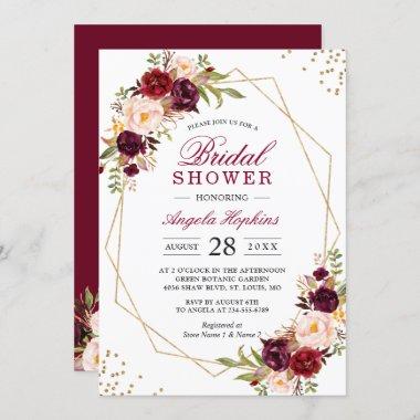 Blush Burgundy Floral Gold Frame Bridal Shower Invitations