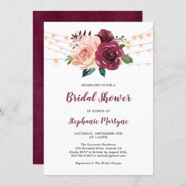 Blush Burgundy Roses String Lights Bridal Shower Invitations