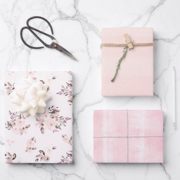 Blush & Cream Watercolor Floral and Subtle Stripes Wrapping Paper Sheets