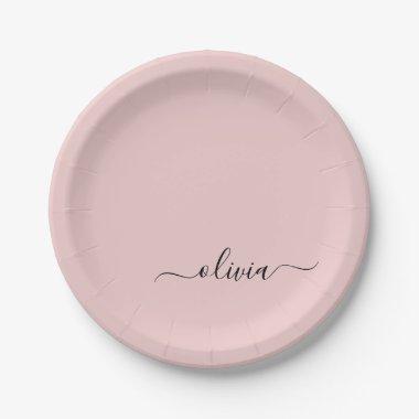 Blush Dusty Pink Girly Script Monogram Name Modern Paper Plates