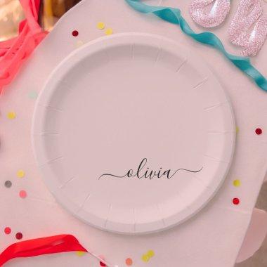 Blush Dusty Pink Girly Script Monogram Name Modern Paper Plates