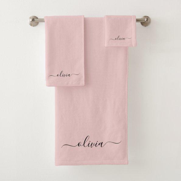 Blush Dusty Pink Modern Script Girly Monogram Name Bath Towel Set