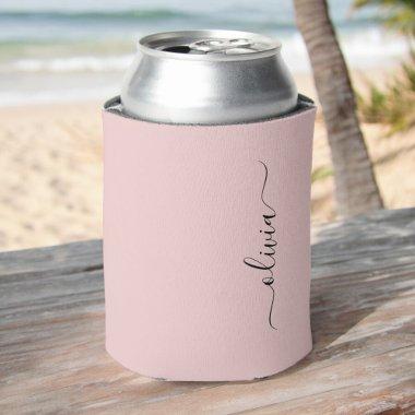Blush Dusty Pink Modern Script Girly Monogram Name Can Cooler