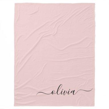 Blush Dusty Pink Modern Script Girly Monogram Name Fleece Blanket