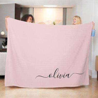 Blush Dusty Pink Modern Script Girly Monogram Name Fleece Blanket