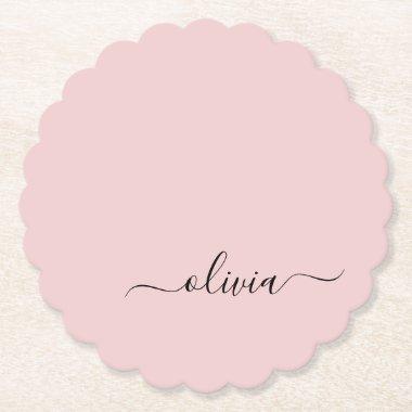 Blush Dusty Pink Modern Script Girly Monogram Name Paper Coaster