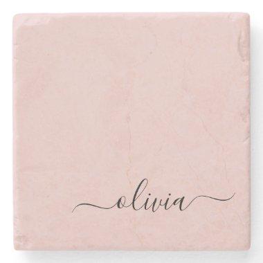 Blush Dusty Pink Modern Script Girly Monogram Name Stone Coaster