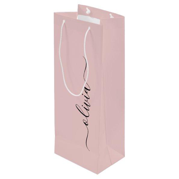 Blush Dusty Pink Modern Script Girly Monogram Name Wine Gift Bag