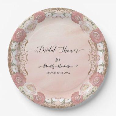 Blush Elegant Rose Gold Vintage Roses Pink Bridal Paper Plates