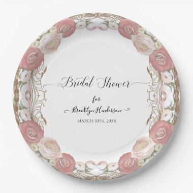 Blush Elegant Rose Gold Vintage White Flora Bridal Paper Plates