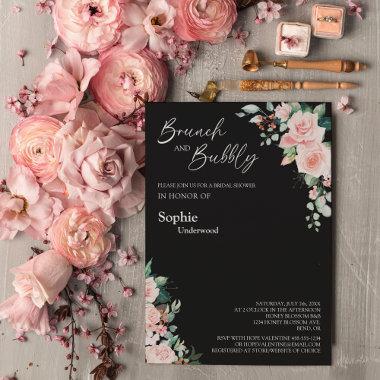 Blush Floral Black Bridal Brunch And Bubbly Invitations